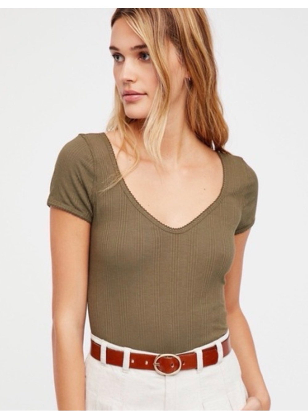 Free People Ribbed Olive V-Neck Short Sleeve Cami